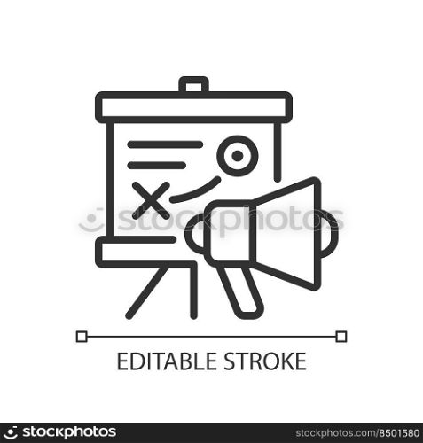 Marketing strategy pixel perfect linear icon. Strategic planning. Analyzing goals. Market assessment. Thin line illustration. Contour symbol. Vector outline drawing. Editable stroke. Arial font used. Marketing strategy pixel perfect linear icon