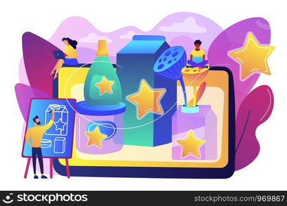 Marketing strategy, promo campaign, designer creating content. Packaging design, distinctively designed packaging, catch the customer eye concept. Bright vibrant violet vector isolated illustration. Packaging design concept vector illustration.