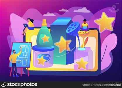 Marketing strategy, promo campaign, designer creating content. Packaging design, distinctively designed packaging, catch the customer eye concept. Bright vibrant violet vector isolated illustration. Packaging design concept vector illustration.