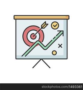 Marketing strategy RGB color icon. Corporate project presentation. Objective for growth. Financial progress report. Presentation on target audience research. Isolated vector illustration. Marketing strategy RGB color icon