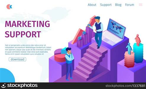 Marketing Support Flat Banner on Landing Page. Vector Illustration Marketer Office Clothes is Top Stairs and Gives Instructions to Employee. Online Business Support Worldwide Laptop Screen.. Marketing Support Flat Banner on Landing Page.