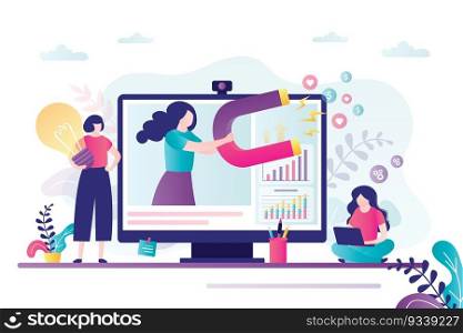 Marketing team uses gadgets, magnet and attracts new subscribers. Influencer marketing, social media advertising, teamwork. Ideas for promotion campaign, video blog development. Vector illustration