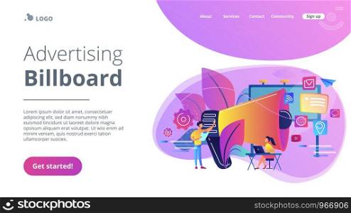Marketing team work and huge megaphone with media icons. Marketing and branding, billboard and ad, marketing strategies concept on white background. Website vibrant violet landing web page template.. Marketing concept landing page.
