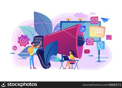 Marketing team work and huge megaphone with media icons. Marketing and branding, billboard and ad, marketing strategies concept on white background. Bright vibrant violet vector isolated illustration. Marketing concept vector illustration.