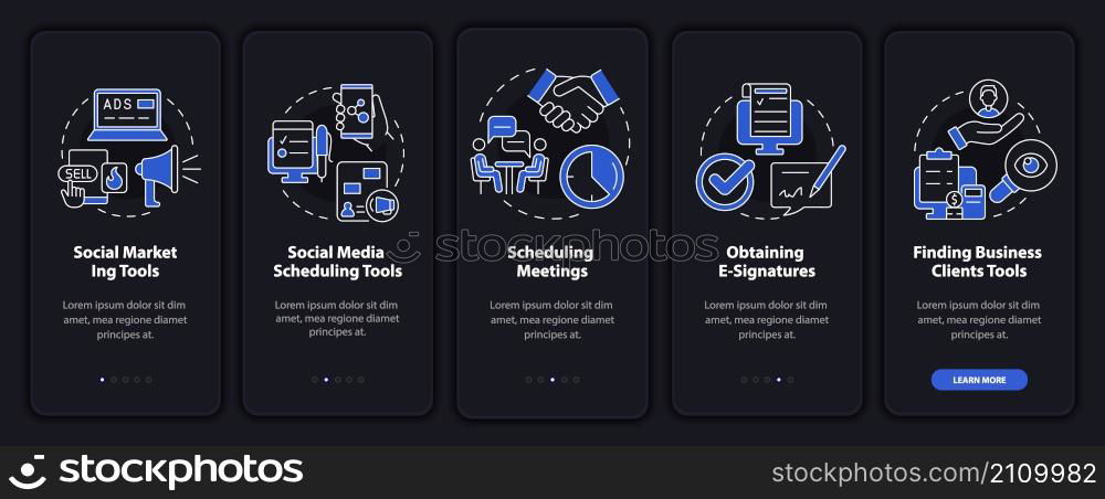 Marketing tools types night mode onboarding mobile app screen. Walkthrough 5 steps graphic instructions pages with linear concepts. UI, UX, GUI template. Myriad Pro-Bold, Regular fonts used. Marketing tools types night mode onboarding mobile app screen