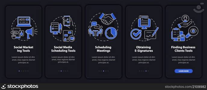 Marketing tools types night mode onboarding mobile app screen. Walkthrough 5 steps graphic instructions pages with linear concepts. UI, UX, GUI template. Myriad Pro-Bold, Regular fonts used. Marketing tools types night mode onboarding mobile app screen