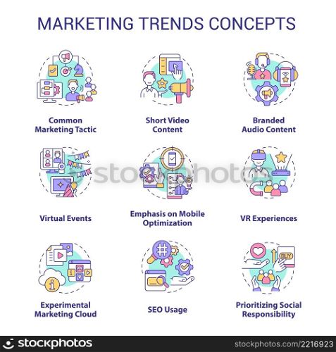 Marketing trends concept icons set. Current channels to promotion business. Customer engaging idea thin line color illustrations. Isolated symbols. Roboto-Medium, Myriad Pro-Bold fonts used. Marketing trends concept icons set