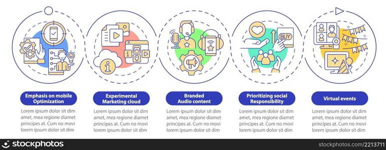 Marketing trends ex&les blue circle infographic template. Data visualization with 5 steps. Process timeline info chart. Workflow layout with line icons. Myriad Pro-Bold, Regular fonts used. Marketing trends ex&les blue circle infographic template