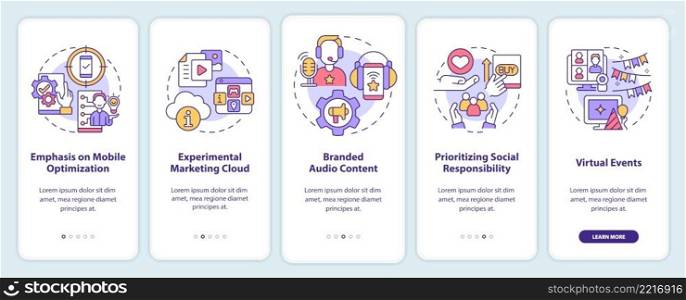 Marketing trends ex&les onboarding mobile app screen. Channels walkthrough 5 steps graphic instructions pages with linear concepts. UI, UX, GUI template. Myriad Pro-Bold, Regular fonts used. Marketing trends ex&les onboarding mobile app screen