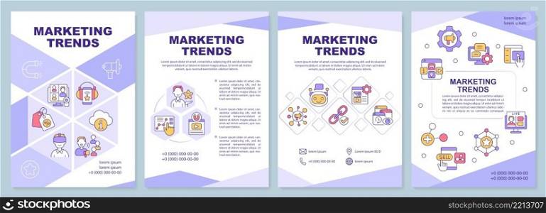 Marketing trends purple brochure template. Advertise innovation. Leaflet design with linear icons. 4 vector layouts for presentation, annual reports. Arial-Black, Myriad Pro-Regular fonts used. Marketing trends purple brochure template