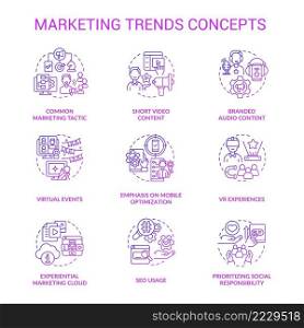 Marketing trends purple gradient concept icons set. Business promotion c&aign. Customer engaging idea thin line color illustrations. Isolated symbols. Roboto-Medium, Myriad Pro-Bold fonts used. Marketing trends purple gradient concept icons set