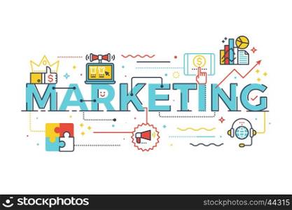 Marketing word in business concept,lettering design illustration with line icons and ornaments in blue theme