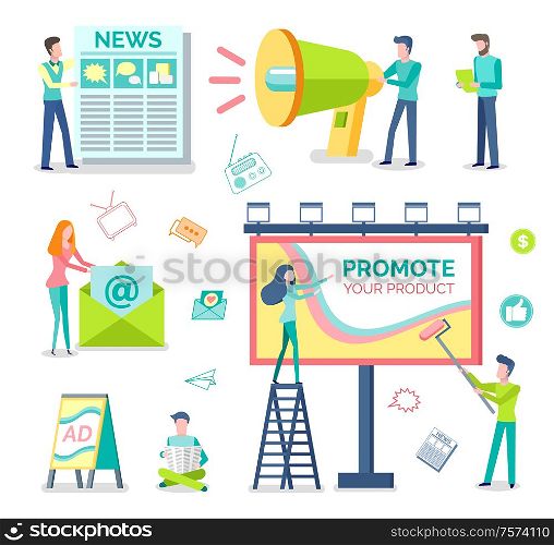 Marketologists, print adverts and outdoor advertising isolated objects vector. Newspaper and megaphone, newsletter and roadside billboard, street banners. Print Adverts, Outdoor Advertising, Marketologists