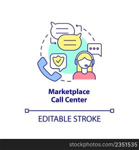 Marketplace call center concept icon. Consulting by phone. Applying for insurance way abstract idea thin line illustration. Isolated outline drawing. Editable stroke. Arial, Myriad Pro-Bold fonts used. Marketplace call center concept icon