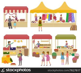 Marketplace clothes and butchers shop vector, characters buying products in stores. Vegetables and fruits of farmers, meat and flowers bouquets kiosk. Funny spending time on harvest festival. Marketplace Butchers and Clothes Shopping Vector