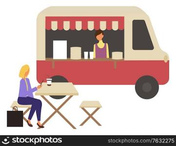 Marketplace, fast food trolley and cafe with takeaway dishes and coffee drinks. Vector woman sitting on chair at table in street restaurant and drinking soda, isolated. Marketplace, Fast Food Trolley and Cafe, Takeaway