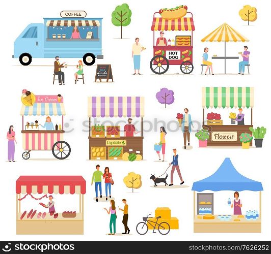 Marketplace set, retail of meat, milk products, vegetables and flowers. Coffee bus, hotdog and ice-cream cart, people buying and eating food vector. Flat cartoon. Cart with Coffee and Fastfood, Vegetables Vector