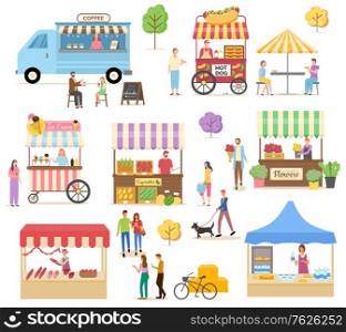 Marketplace set, retail of meat, milk products, vegetables and flowers. Coffee bus, hotdog and ice-cream cart, people buying and eating food vector. Flat cartoon. Cart with Coffee and Fastfood, Vegetables Vector
