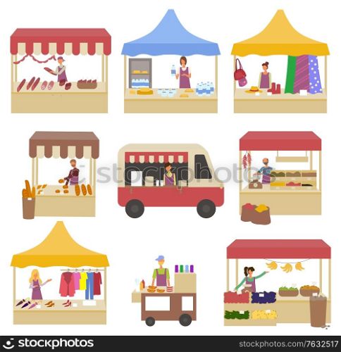 Marketplace set, tent with meat, cheese and bread, retail of clothes and fabrics. Bus with coffee drink and hotdog, shopping place, urban business vector. Festival market street corts. Tent with Products and Clothes, Marketplace Vector