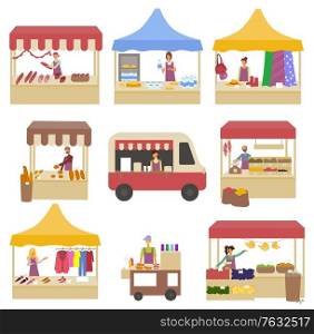 Marketplace set, tent with meat, cheese and bread, retail of clothes and fabrics. Bus with coffee drink and hotdog, shopping place, urban business vector. Festival market street corts. Tent with Products and Clothes, Marketplace Vector