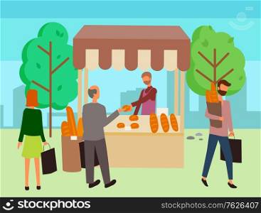 Marketplace with baguette, loaf and pastry products. Baker retail outdoor, cart with bread in park, business sale of bakery food, shopping outdoor vector. Flat cartoon. Cart with Bakery Food in park, Shop Bread Vector
