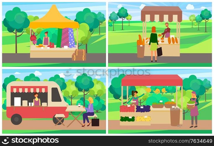 Marketplace with clothes, bread and baguette, fruit and vegetables, bus with coffee drink. Seller standing in tent with fruit and bakery, retail vector. Festival market in green park. Vegetables and Fruit, Bakery and Coffee Bus Vector