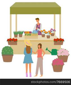 Marketplace with flowers, shop with tulip, chamomile and rose, watering can. Women choosing flower, blossom in pot, natural gift, retail place vector. Flowers Shop, Blossom Retail, Marketplace Vector