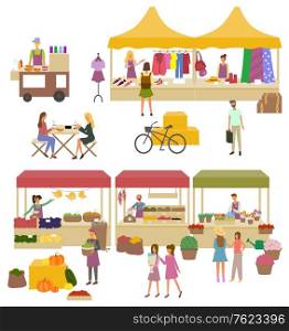 Marketplace with shops and stores vector. Fresh vegetables and fruits on boxes, flowers in pots, business of people at market. Clothes and clothing. Flat cartoon. Vegetable Shop and Flowers Kiosk Clothes Store