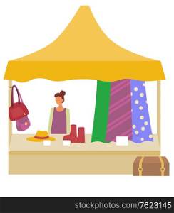 Marketplace with woman selling fashionable cloth, shoes and bags isolated vector tent. Seller at market, modern sacks and briefcase, boots and shop assistant. Flat cartoon. Marketplace with Woman Selling Fashionable Cloth