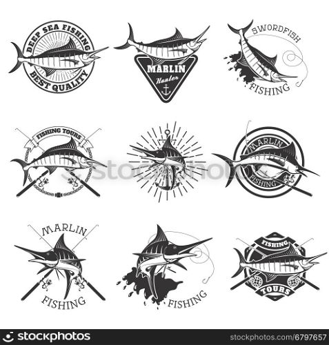 Marlin fishing. Swordfish icons. Deep sea fishing. Design elements for emblem, sign, brand mark. Vector illustration.