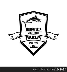 Marlin. Fishing trip. Emblem template with marlin. Design element for logo, label, sign, poster. Vector illustration