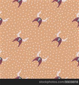 Maroon and white colored viking helmet silhouettes seamless pattern. Norway ancient ornament on orange dotted background. Perfect for fabric design, textile print, wrapping, cover. Vector illustration. Maroon and white colored viking helmet silhouettes seamless pattern. Norway ancient ornament on orange dotted background.