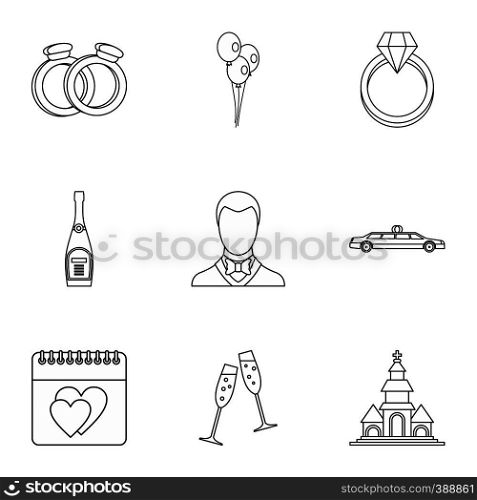 Marriage ceremony icons set. Outline illustration of 9 marriage ceremony vector icons for web. Marriage ceremony icons set, outline style