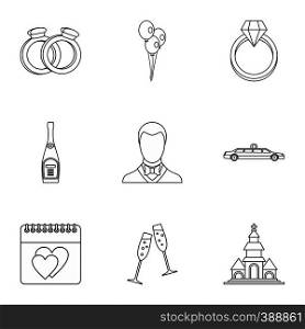Marriage ceremony icons set. Outline illustration of 9 marriage ceremony vector icons for web. Marriage ceremony icons set, outline style