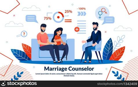 Marriage Counselor, Family Psychologist Help Trendy Flat Vector Ad Vector Banner, Poster Template. Married Couple Visiting Psychological Therapist, Talking with Doctor on Appointment Illustration