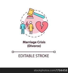 Marriage crisis concept icon. Troubles in relationship. Family breakup. Differing personalities. Divorce abstract idea thin line illustration. Vector isolated outline color drawing. Editable stroke. Marriage crisis concept icon