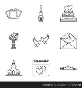 Marriage icons set. Outline illustration of 9 marriage vector icons for web. Marriage icons set, outline style