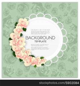 Marriage invitation card with place for text and pink flowers over green shabby background, vector illustration.