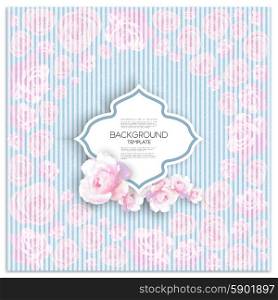 Marriage invitation card with place for text and pink flowers over linear blue background, vector illustration.