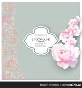Marriage invitation card with place for text and pink flowers over linear blue background, vector illustration.