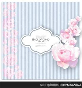 Marriage invitation card with place for text and pink flowers over linear blue shabby background, vector illustration.