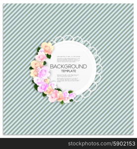 Marriage invitation card with place for text and pink flowers over linear blue background, vector illustration.