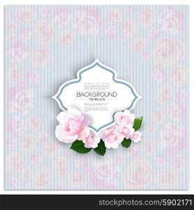 Marriage invitation card with place for text and pink flowers over linear blue background, canvas texture. Vector illustration.