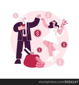 Marriage of convenience abstract concept vector illustration. Political marriage, financial motivation, old rich husband, wedding rings, dollar banknotes, take money from senior abstract metaphor.. Marriage of convenience abstract concept vector illustration.