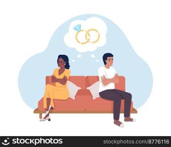 Marriage problems 2D vector isolated illustration. Conflicting couple. Thinking about divorce flat characters on cartoon background. Colorful editable scene for mobile, website, presentation. Marriage problems 2D vector isolated illustration