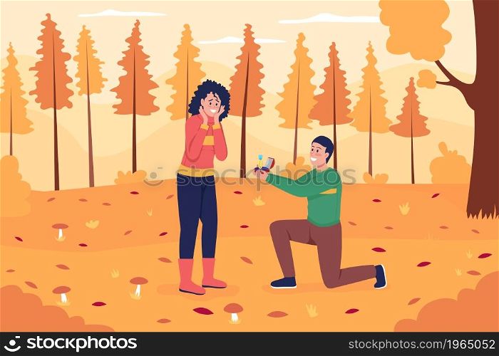 Marriage proposal in autumn flat color vector illustration. Man kneeling and showing ring. Ask for marriage in fall forest. Dating couple 2D cartoon characters with landscape on background. Marriage proposal in autumn flat color vector illustration