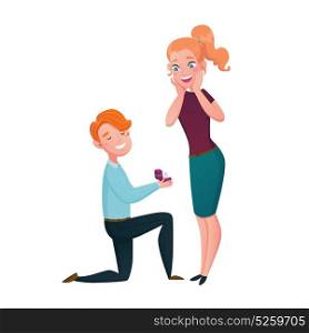 Marriage Proposal Man Kneeling Cartoon Scene . Marriage proposal cartoon characters scene with kneeling man with engagement ring and happy young woman vector illustration