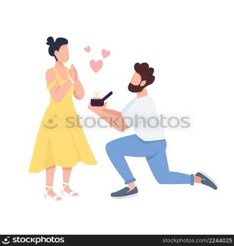 Marriage proposal semi flat color vector characters. Standing figures. Full body people on white. Couple in love simple cartoon style illustration for web graphic design and animation. Marriage proposal semi flat color vector characters