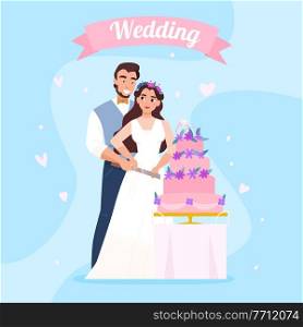 Marriage reception beautiful background composition with bride and groom together cutting piece of wedding cake vector illustration. Wedding Cake Couple Image