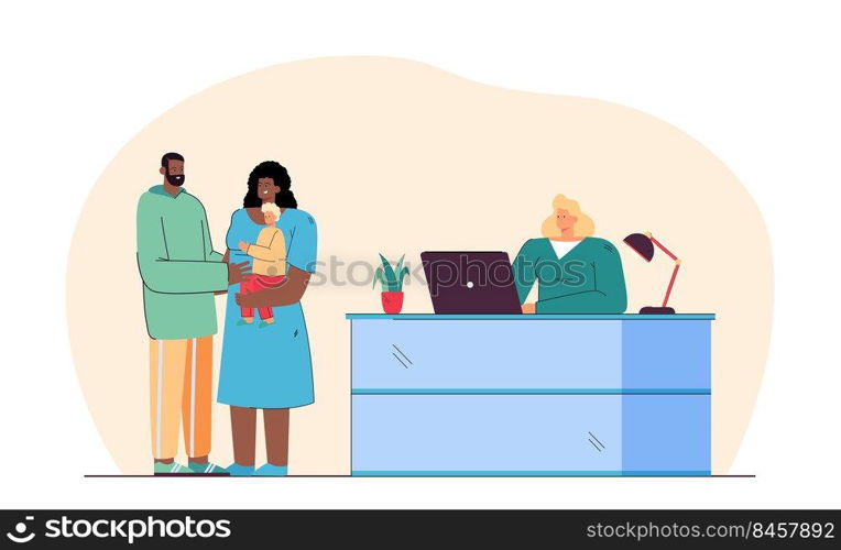 Married couple adopting child at adoption agency. Female receptionist with laptop at counter, black man and woman with Caucasian kid flat vector illustration. Adoption, family concept for banner